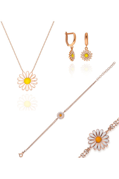 meyra gümüş 925 Ayar Gümüş Rose Papatyalı Kolye Bileklik Küpe 3 lü set