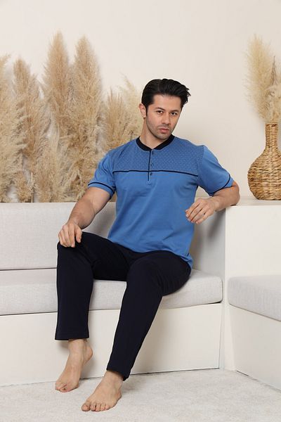 KAPİTEX Set de pijamale pentru bărbați cu mâneci scurte, fund lung, cu nasturi, buzunare, 100% bumbac, culoare albastră, pentru Ziua Tatălui