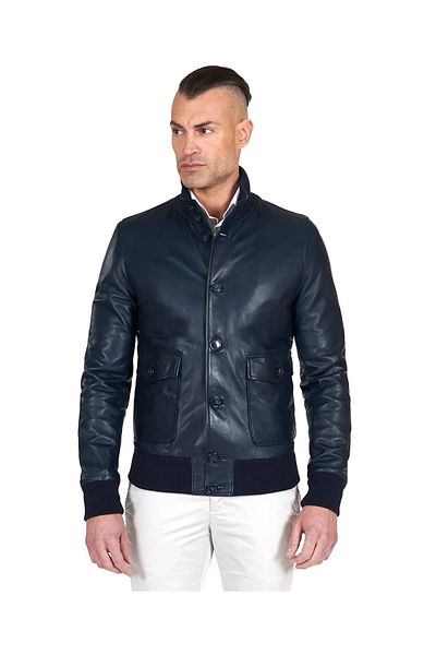 By Marki Marki Men's Navy Blue Genuine Leather Jacket – Button Closure, Vintage Style, 4 Pockets, 67 cm - 505222