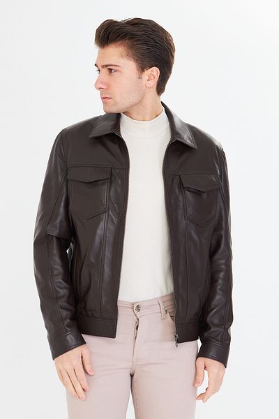 By Marki Marki Men's Genuine Leather Jacket – Shirt Collar, Zippered, 6 Pockets, 67 Cm, Classic Vintage Model - 505722