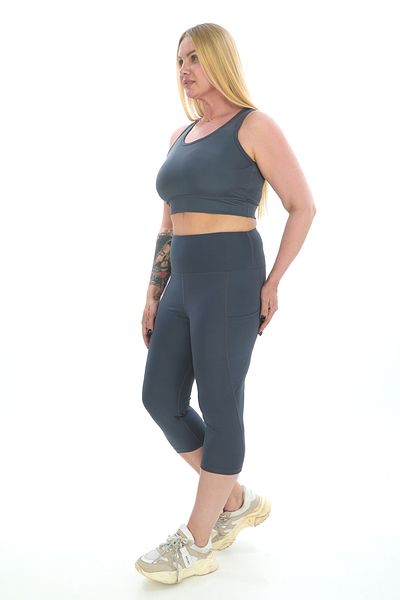 BANEGA Curve Women's Plus Size Gathering Double Pocket Anthracite Capri Leggings with Pad Crop Double Suit