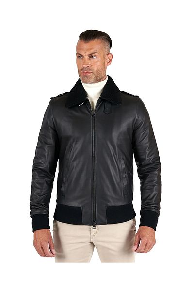 By Marki Marki Men's Genuine Leather Jacket – Natural Fur Collar, Zippered, Lined, 4 Pockets, Winter – 505322