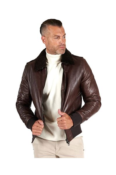 By Marki Marki Men's Genuine Leather Jacket – Natural Fur Collar, Zippered, Lined, 4 Pockets, Winter – 505322