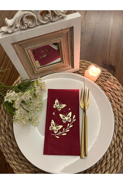 kidspartim Gold Gilded Burgundy Butterfly Leaf Detailed Napkin 16 Pieces