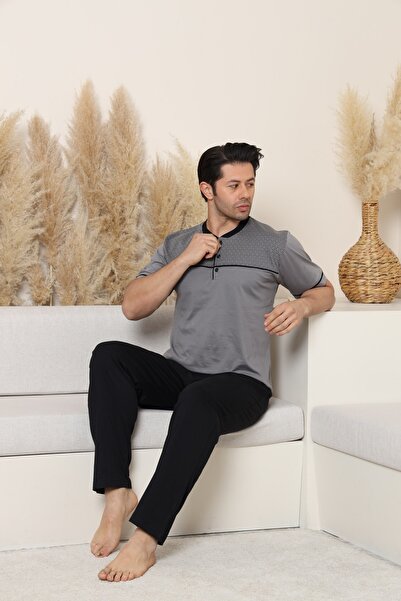 KAPİTEX Men's Short Sleeve, Bottom Long Placket Button, with Pockets 100% Cotton Gray Color Father's Day Pajamas Set