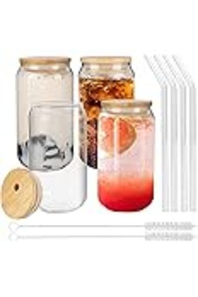 INFOSUN [4pcs Set] Glass Cups with Bamboo Lids and Glass Straw - Beer Can Shaped Drinking Glasses, 1