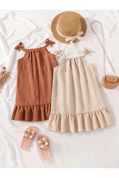 Machetta Relaxed Cut Ruffled Rope Strap Woven Fabric 2-Piece Children's Dress