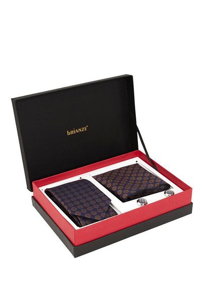 Brianze Navy Blue Patterned Tie, Handkerchief and Cufflink Gift Set
