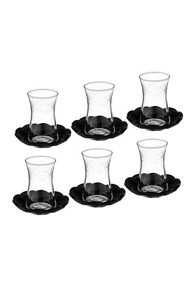 Dania Turkish Glass Tea Set with Black Plates (6 Cups + 6 Plates)
