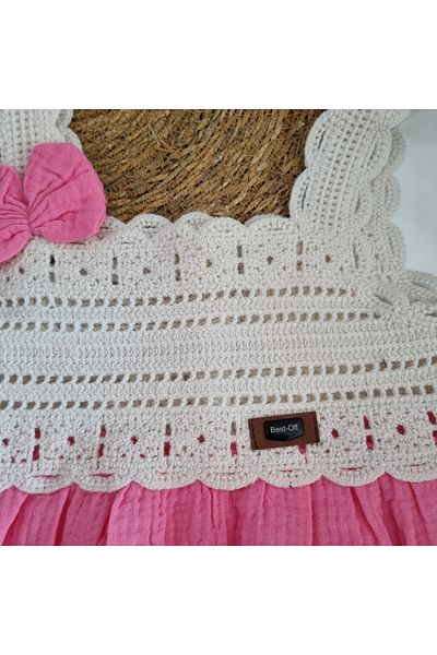 Uğur bebe New Season Knitted Model Woven Girl's Pink Dress with Bow