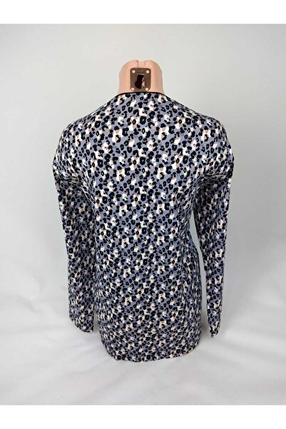 YAŞAR TRİKO Women's Black Gray White U-Neck Long Sleeve Patterned Slit Woven Viscose Mother Combed Cotton T-Shirt