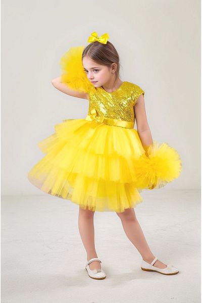 ABİYEKİDS Pompom Sleeves Buckle Yellow Birthday Party Show April 23 Graduation Dress Aby160