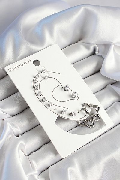 STİLLOVE 316L Steel Star Figured and Zircon Stone Silver Color 7-Piece Double Women's Earring Set Sl12097