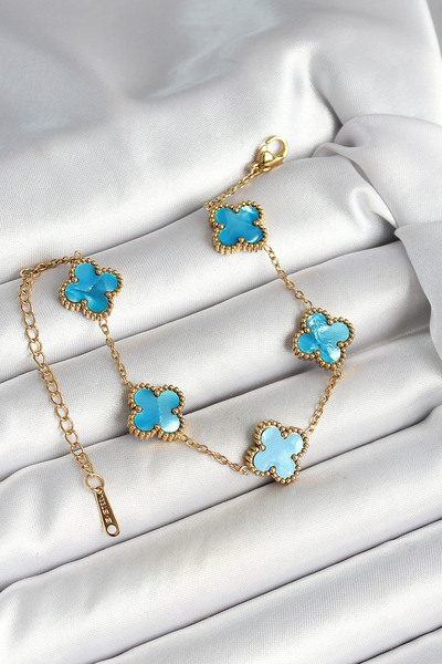 Skygo 316L Steel Pearlescent Sky Blue Gold Color Clover Women's Bracelet - Tj...