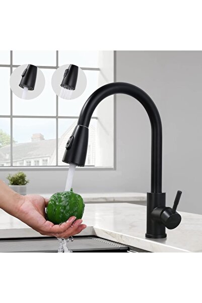 Rovitech Baterie de bucatarie, WALALLA, Inox, Dus extensibil, Rotire 360, Negru