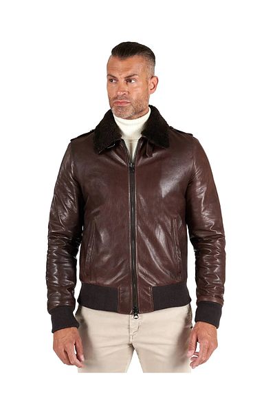 By Marki Marki Men's Genuine Leather Jacket – Natural Fur Collar, Zippered, Lined, 4 Pockets, Winter – 505322