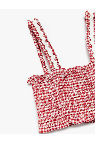 Koton Gipeli Kare Yaka Askılı Pötikare Crop Bluz