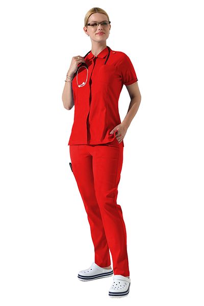 BEDUCA Red Lycra Polo Collar Snap Fastener Nurse Uniform Set, Esthetician and Beauty Center Outfit
