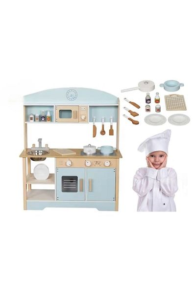 indiggo Children's Wooden Kitchen, Superior Quality, Complete Accessories, Indiggo, 85 cm Height, Blue