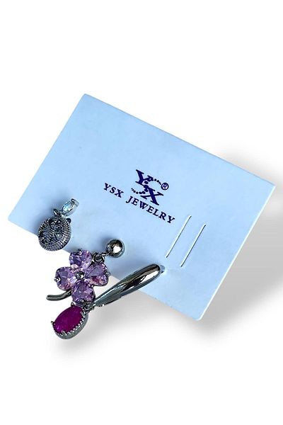 TAKIŞTIR مجموعة أقراط YSX VIP مكونة من 3 قطع مع شكل زهرة فضية اللون وتفاصيل حجرية