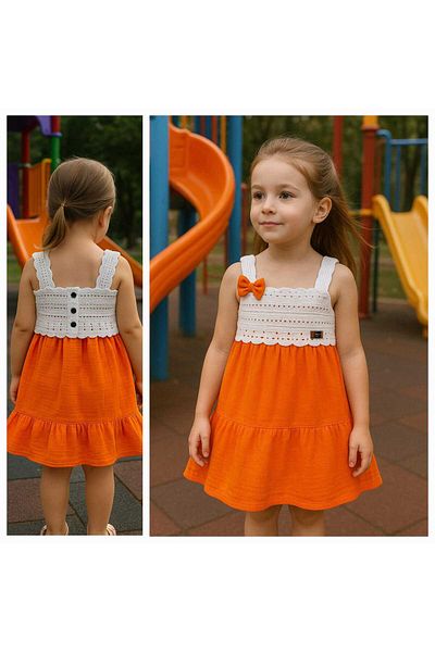 Uğur bebe New Season Knitted Model Bow Woven Girl's Orange Gilet Dress