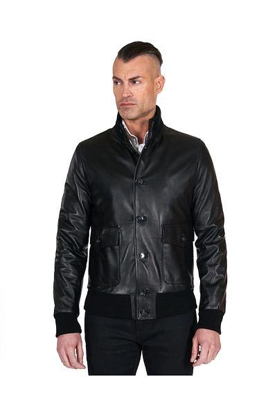 By Marki Marki Men's Black Genuine Leather Jacket – Button Closure, Vintage Style, 4 Pockets – 505222