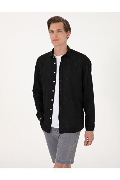 Pierre Cardin Siyah %100 Keten Regular Fit Uzunkollu Gömlek 50303293-VR046