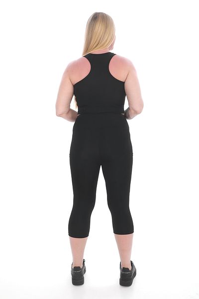 BANEGA Curve Women's Plus Size Gathering Double Pocket Black Capri Leggings Pad Crop Double Suit