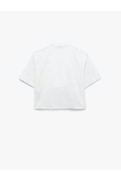Koton Regular Fit Short Sleeve V Neck Scalloped Brodeled Shirt