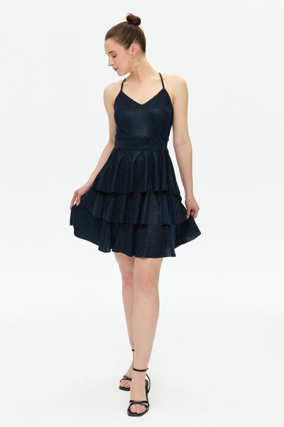 LOVE IS EVERYWHERE Kadın Indigo İp Askılı V Yaka Sırt Çapraz Askı Kat Kat Ete...