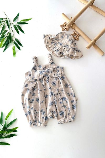 Minigimin Cicileri Baby Girl Jumpsuit Set with Bow Detail and Flower Patterned Hat - Cream