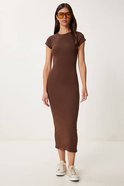Lovelyİstanbul Basic Summer Stretchy Midi Knitted Dress Brown Lhf0023