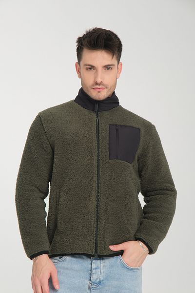 Tarz Cool Khaki Zippered Stand Collar Plush Sweatshirt