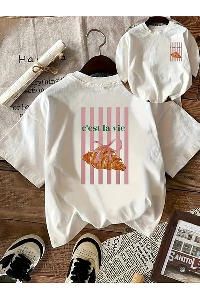 AEMİ Unisex C'est La Vie Croissant με στάμπα μεγάλου μεγέθους μπλουζάκι με λαιμόκοψη