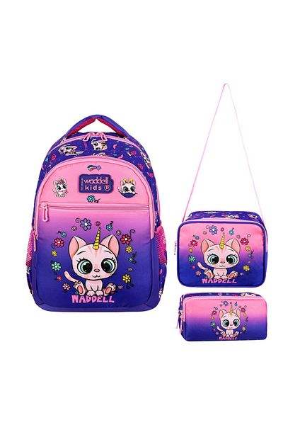 KAFF Purple Cat Patterned Bag Nutrition Pen Holder Girl's Set of 3 Primary School Bag