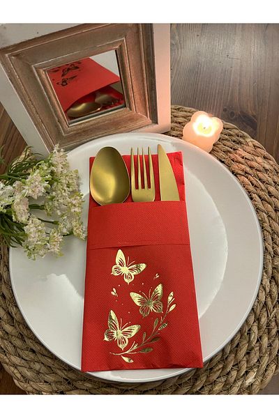 kidspartim Gold Gilded Red Butterfly Leaf Detailed Pocketed Kangaroo Napkin 12 Pieces