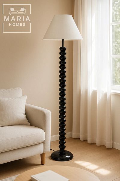 MARIA HOMES Glossy Black Beaded Floor Lamp with Cone Shade
