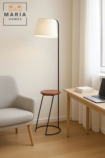 MARIA HOMES Floor Lamp with Side Table and White Shade