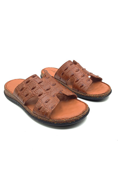 Cristante Zappella Ανδρικές παντόφλες από 100% γνήσιο δέρμα με καφέ σχέδιο, καθημερινές παντόφλες