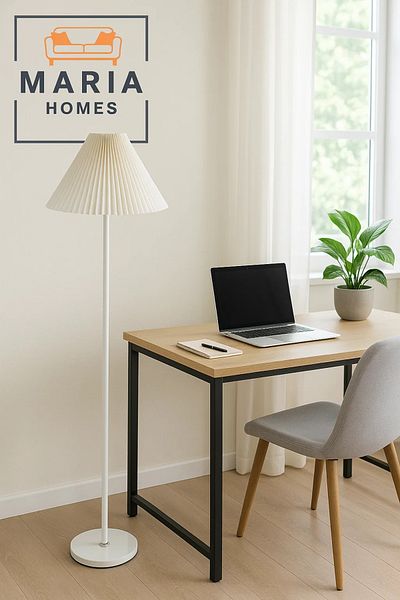 MARIA HOMES Slim White Floor Lamp with Pleated Cone Shade