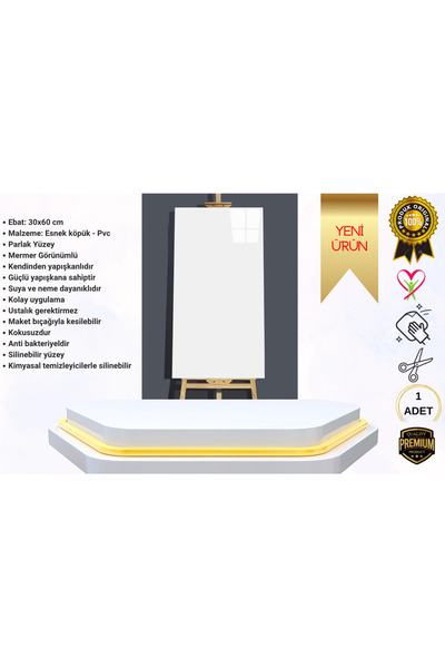 UKAB Kendinden Yapışkanlı Beyaz Mermer Seramik Köpük PVC Duvar Paneli (30x60c...