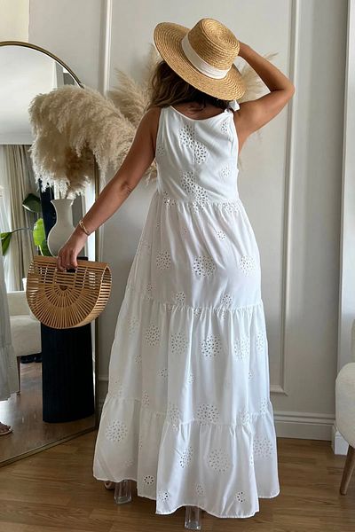 SUN STYLE Γυναικείο φόρεμα με λευκό κορδόνι με λεπτομέρεια με λουράκι με επένδυση από χτένι