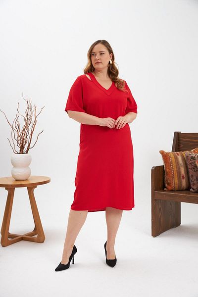 RMG Collar Detailed Slit Plus Size Dress Red