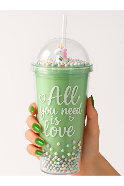 Deco Elit Coll Teen Temalı Çift Katman 450 ml Suluk Pipetli Mika Yeşil 2089