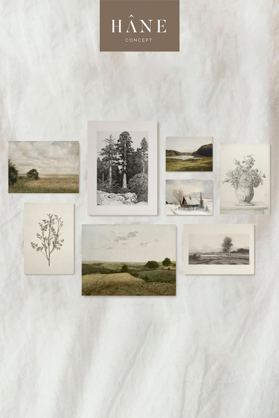 Hane Concept Kır ve Karakalem Baskı Seti, Galeri Duvarı, Karakalem ve Bej Baskı, Çiftlik Evi Tarzı