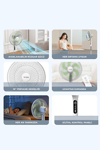 Torima SF-05 Beyaz Ayaklı 50W 3 Kademe 6 Pervaneli 16'' İnc Kumandalı Diğital Ekranlı Vantilatör Fan