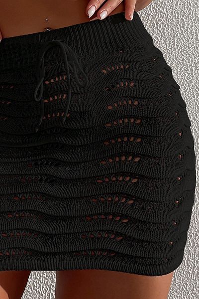 TRQOM Women's Wavy Openwork Rope Tie Summer Beach Mini Knitted Black Pareo Skirt