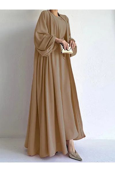 Other Elegant Wine Red Color Balloon Sleeves Two Piece Abaya Dress