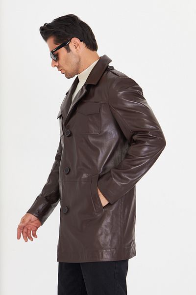 By Marki Marki Men's Genuine Leather Trench Coat – Brown, British Collar, Button Closure, 90 Cm, 4 Pockets - 506922