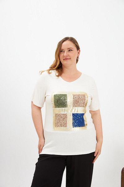 RMG Sequin Sequin Four Color Block Plus Size T-Shirt Ecru